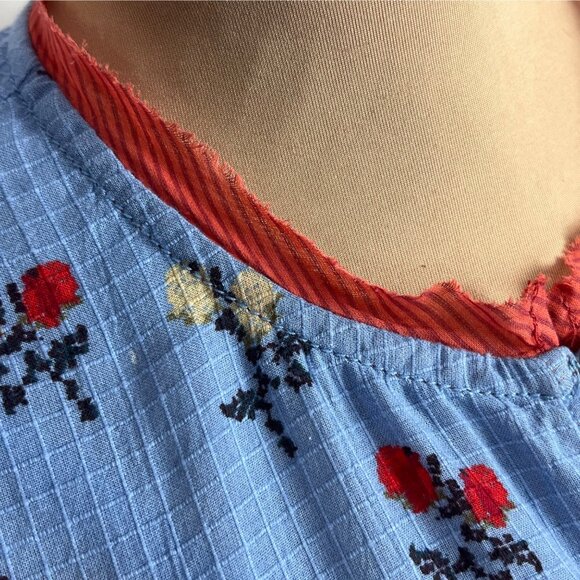 Free People Sundown Print Tunic Mini Dress M Allure Blue Combo Floral Button Tie - Picture 4 of 12